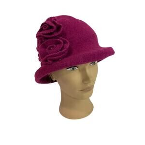 One Size Brooklyn Industries Fuchsia Wool Cloche Hat Rosette Retro